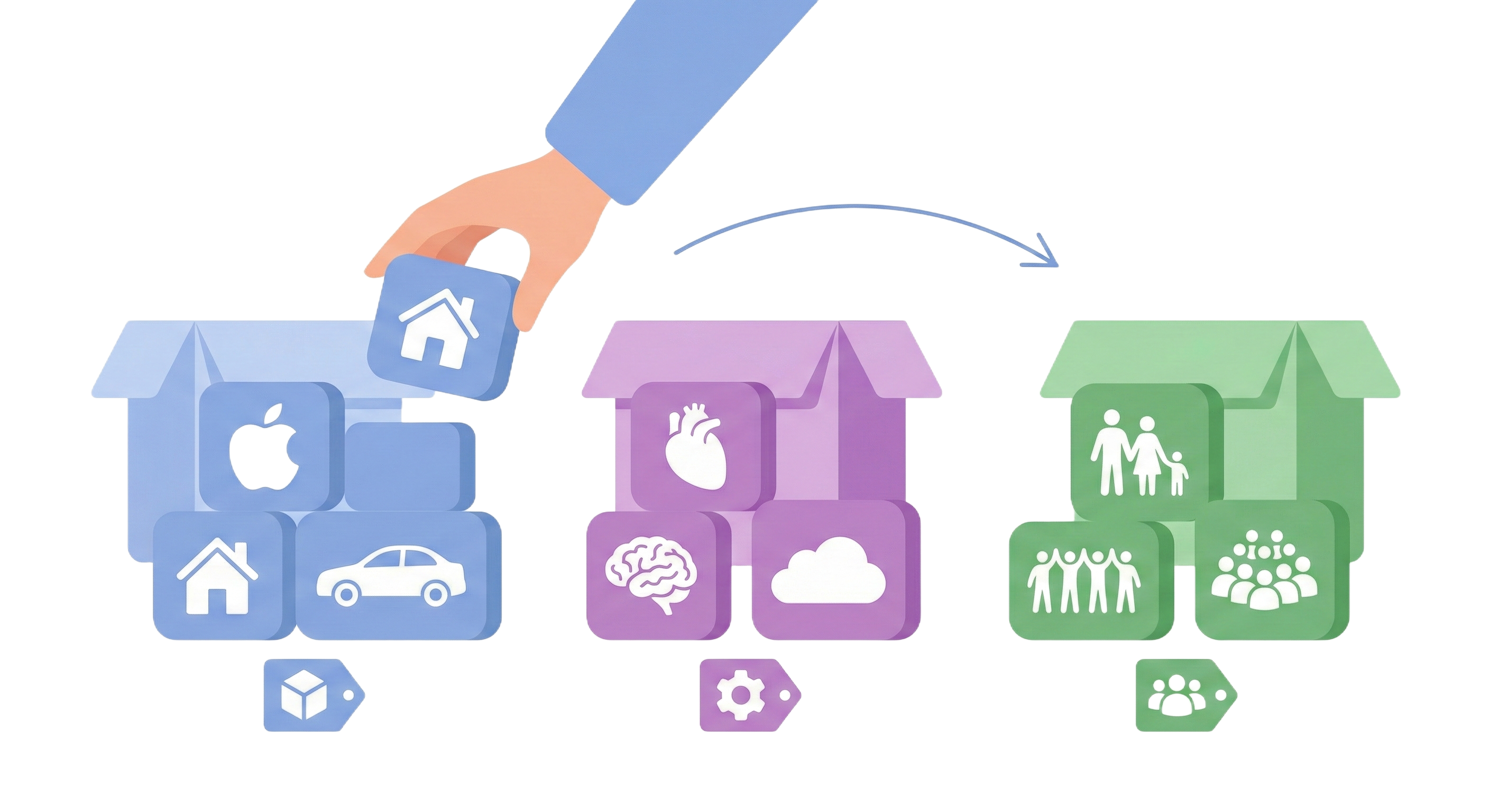 Categorized building blocks illustration representing noun types: concrete, abstract, and collective