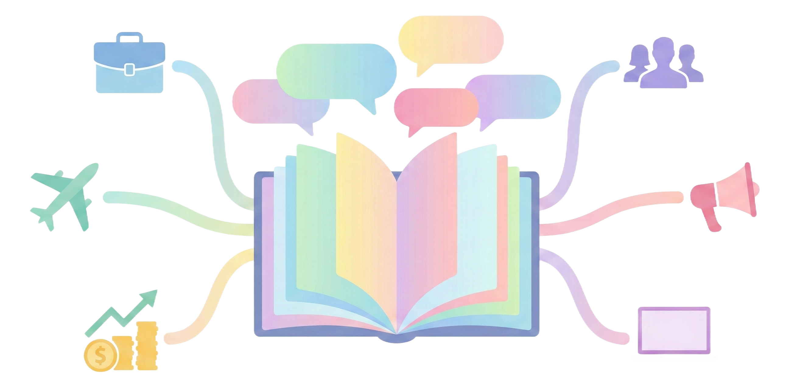 Open book illustration surrounded by thematic icons: business, travel, finance, HR, marketing