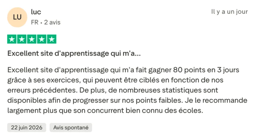 Avis Trustpilot 5 étoiles de luc : 80 points gagnés en 3 jours grâce aux exercices ciblés